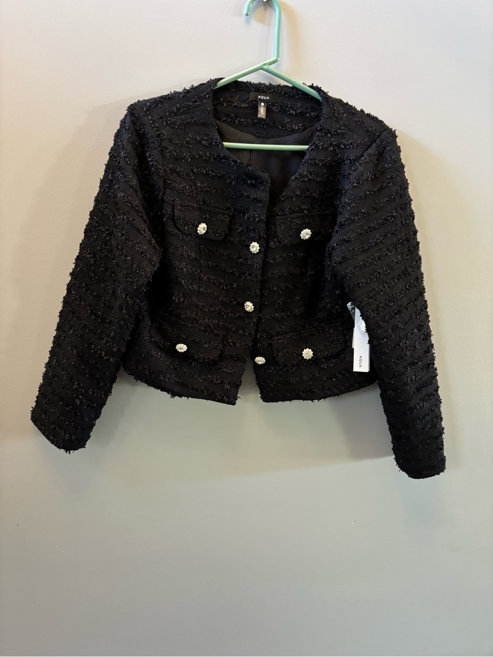 Aqua Black Tweed Cropped Pearl-Button Jacket